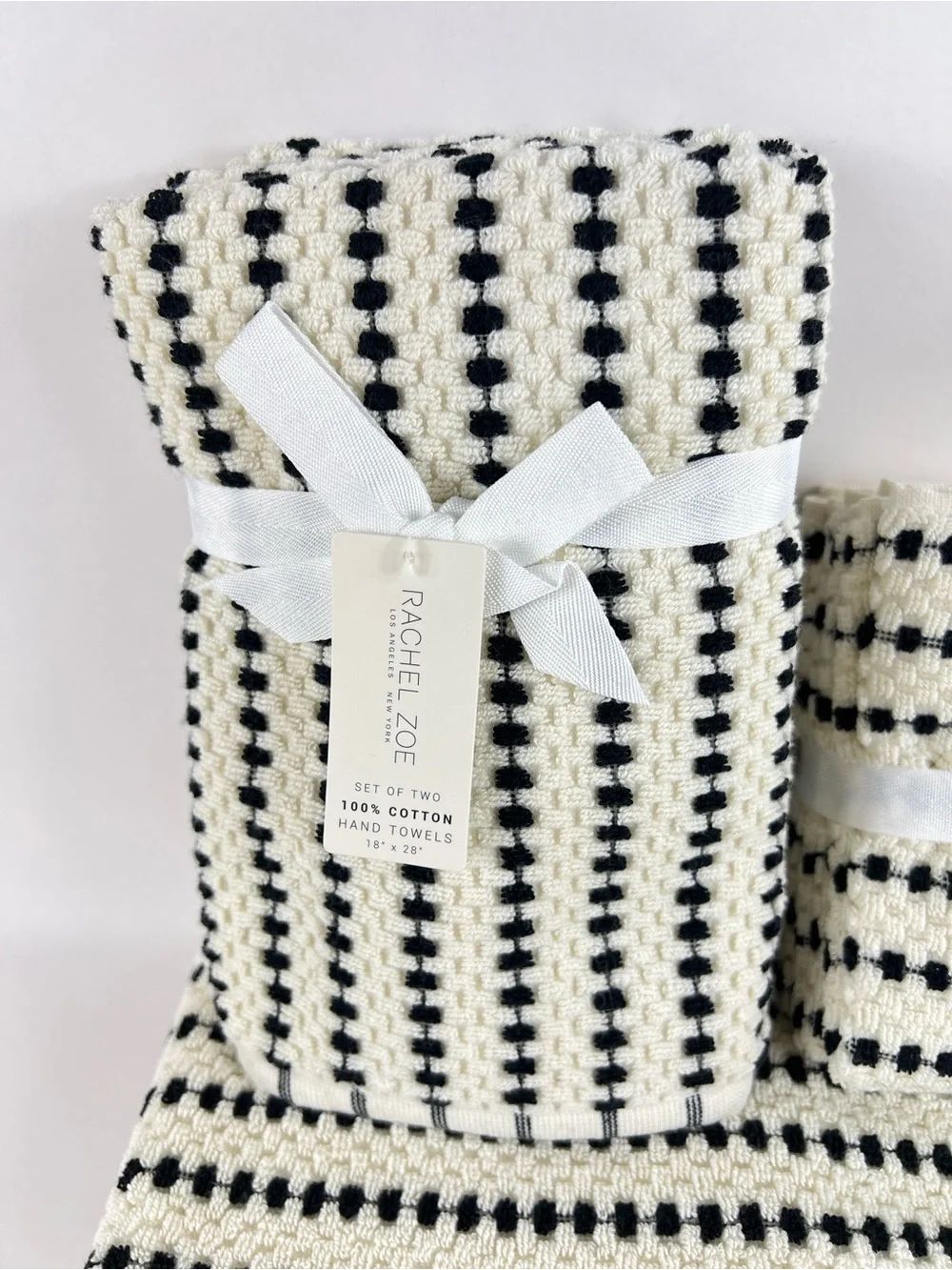Rachel Zoe Bath Towel Set Black & Cream Striped Dots Soft 100% Cotton 8 Pc NEW
